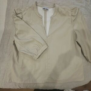 Evereve Beige Vegan Leather Puff Sleeve Blouse with Mandarin Collar